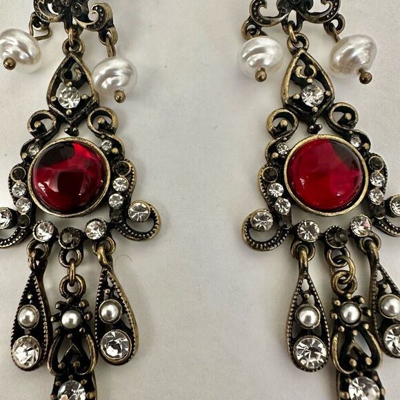 Red  faux pearl rhinestone long statement earrings - Picture 2 of 9
